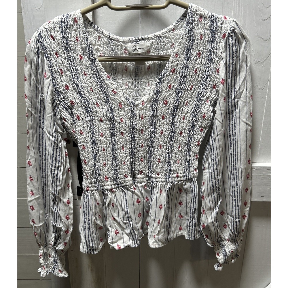 Japna Womens Top Size S Smocked Bodice Peplum White/Blue Strips with Roses